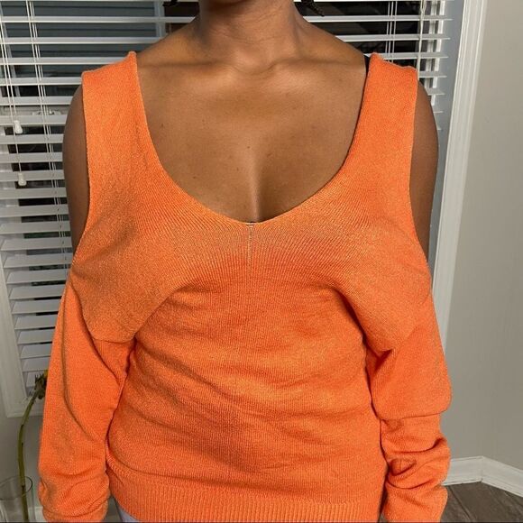 Vintage Orange Cutout Cold Shoulder Double V neck Sweater - Picture 8 of 12